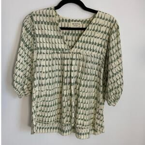 Mirth Sage Green & Cream Vneck cotton blouse size small